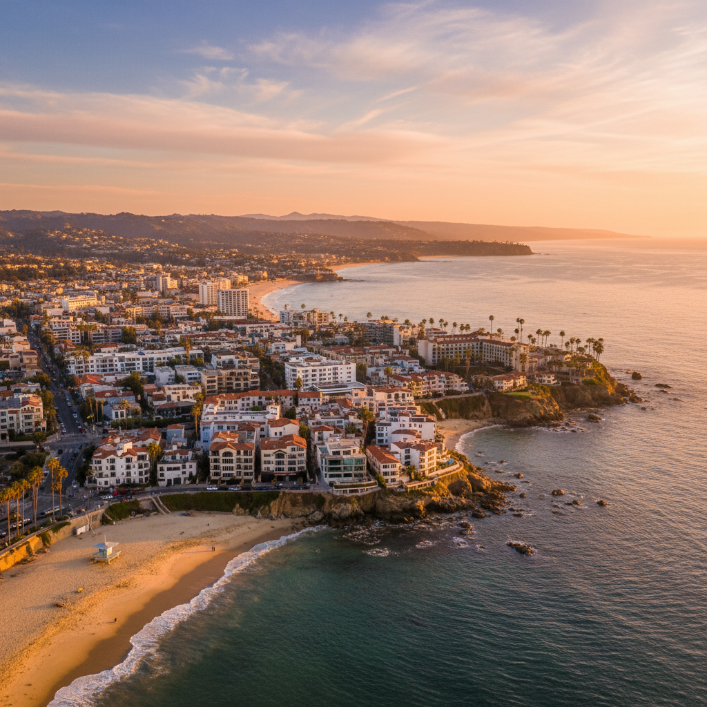 A luxury home in Laguna Beach with large glass windows overlooking the ocean.